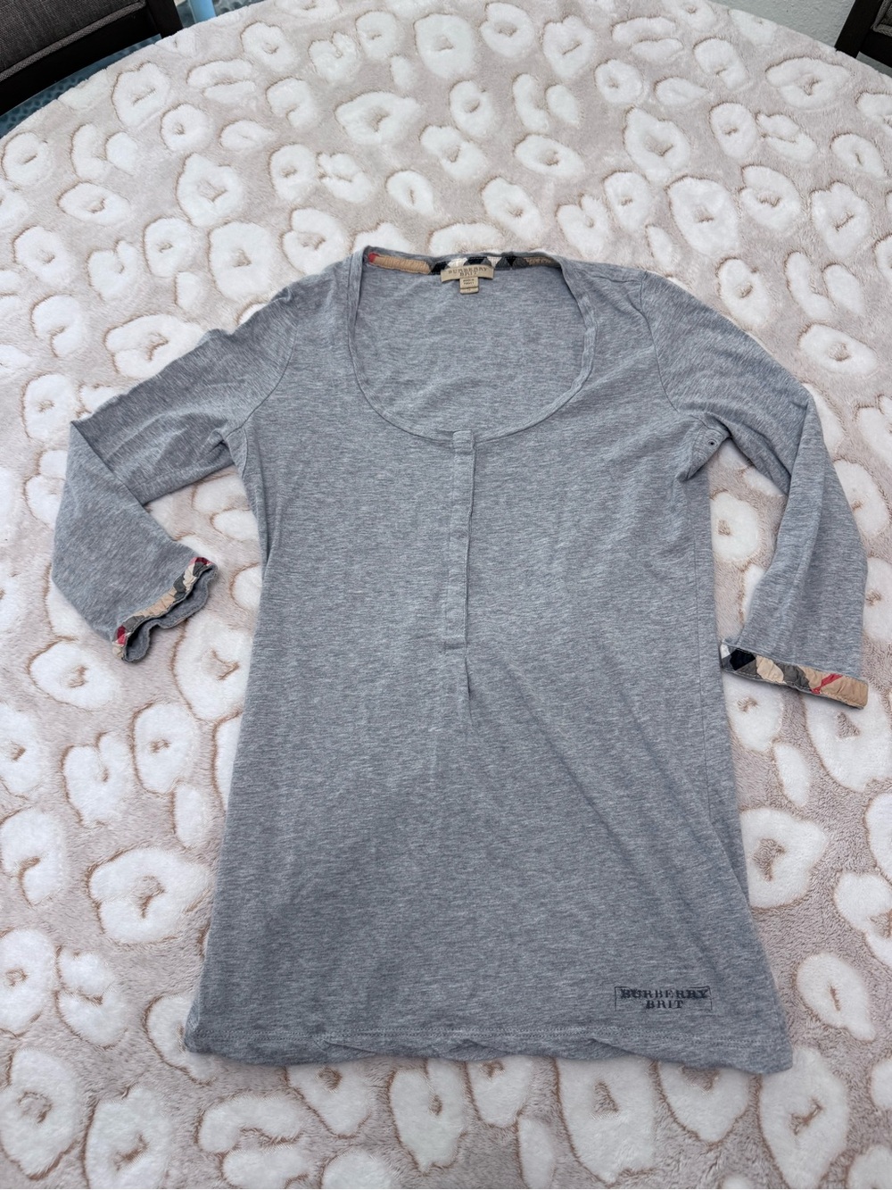 Burberry Gray Long Sleeve Scoop Neck Tee with Check Cuff Detail